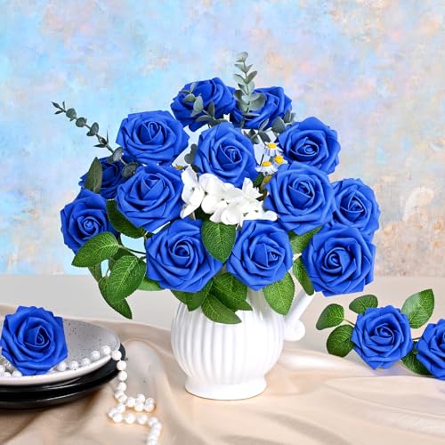 9 Pcs Artificial Flowers Fake Rose with Stems - Blue Real Touch Foam Roses for DIY Wedding Bouquet Bridal Shower Cake Toppers Centerpiece Table Valentines Day upplies Decorations - color: Blue, size: 9Pcs