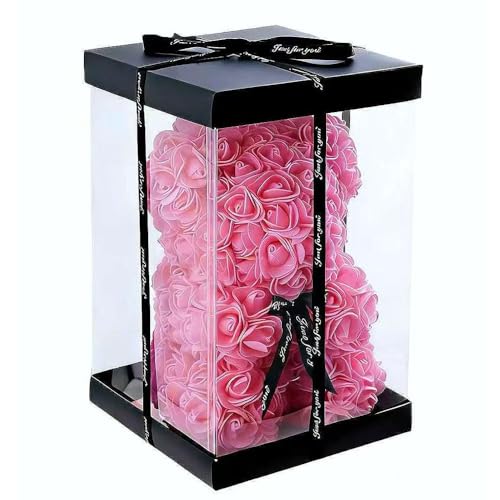 Artificial Rose Flower Bear,Perfect Romantic Gift for Her, Valentine's Mother's Day, Christmas, Birthday,Thanksgiving Party Anniversary Girl Friend Wife Light Strips and Greeting Cards (Pink) - color: Pink