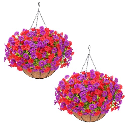 Elyum 2 Pack Artificial Hanging Flowers for Outdoors, Fake Flowers Artificial Petunias Hanging Baskets for Outdoors, UV Resistant Fake Hanging Plants Flowers for Outside Garden Patio Porch Decor - color: Purple&red, size: 2 Pack