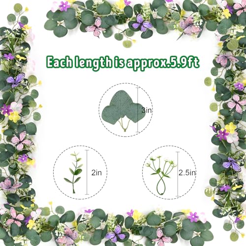 Waipfaru 2Pcs Eucalyptus Garland with Daisy 3D Butterfly, Green Garland with Flowers, 5.9FT Artificial Faux Eucalyptus Leaves Vines for Table Mantle Home Wedding Party Indoor Outdoor Decor - color: Butterfly Eucalyptus, size: 2Pcs