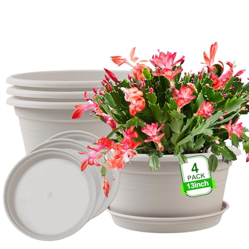 Large 4 Pack 13 inch Plant Pots, Round Plastic Pots for Plants, Outdoor Planters with Drainage Hole & Tray Saucer, Decoration Large Flower Pots for Indoor Outdoor Garden Home Plants (Gray White) - color: Gray White, size: 13 Inch - 4Pack