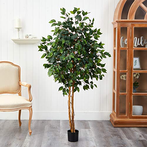 Nearly Natural 5ft Artificial Ficus Tree, Triple Trunk Faux Greenery with Natural Wood Trunks for Indoor Home Decor, with Black Nursery Pot - size: 5ft, style: Tree in Pot