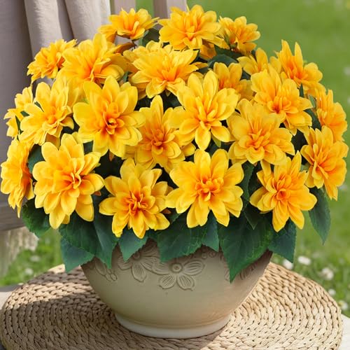 VIERENA 8 Bundles Artificial Dahlia Flowers for Outdoors Spring Summer Decor, No Fade Silk Flower Faux Dahlias Plant Arrangement for Home Garden Balcony Farmhouse（Yellow） - color: Yellow