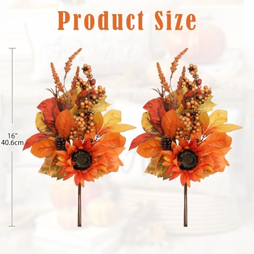Briful Set of 2 16in Fall Orange Sunflower Picks and Sprays with Pinecones Berries Eucalyptus Leaves Artificial Fall Floral Branches Stems for Autumn Home Wedding Party Vase Centerpieces Decor - color: Orange Brown