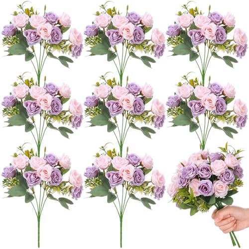 Zeyune 8 Pack Artificial Mini Purple and Pink Roses 12 Inch Fake Flowers with Stems, 80 Small 1.6 Inch Flower Heads, Silk Mini Rose Bouquets for Wedding Centerpieces Bridal Bouquets Home Party Decor - color: Purple and Pink