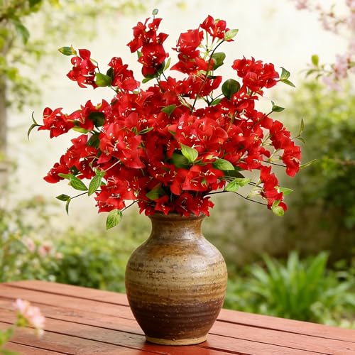 HCTCPALS Artificial Flowers for Outdoors 10 Pcs Bougainvillea Plant Realistic Silk Fake Flowers for UV Resistant Faux Plants Outdoor Indoor Outside Front Porch Hanging Planter Decoration-30” Red - color: Bougainvillea Red
