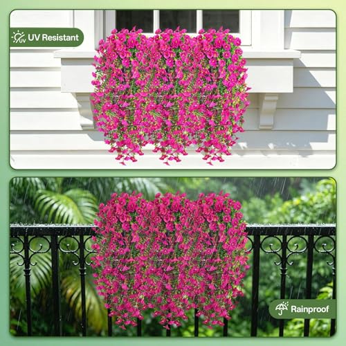 Artificial Hanging Flowers for Outdoors, 4 PCS UV Resistant Morning Glory Flowers with Eucalyptus Leaves, Silk Fake Flower Realistic Faux Plants for Home Patio Porch Garden Decor, Lotus-Color - color: Lotus-color