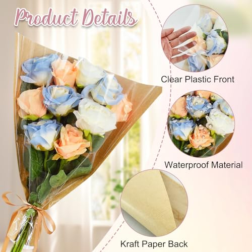 BEISHIDA 100 Pcs Flower Wrapping Bags, Bouquet Sleeves Kraft Paper 15.7 x 13.7 in Clear Flower Sleeves for Bouquets Florist Supplies, Mother's Day, Valentine's Day, Graduation - color: large-kraft-clear