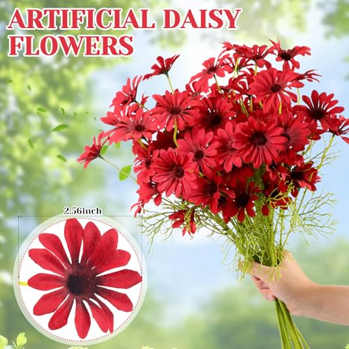 Giegxin 100 Pcs Artificial Daisy Flowers Bulk Realistic Fake Daisies Faux Wildflower Daisy UV Resistant Silk Fake Flowers Plants for Outside Wedding Garden Home Table Decor (Red) - color: Red