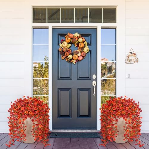 Hrobek Artificial Fall Hanging Flowers for Decoration, 2pcs Long Vine Fake Flowers Plants Morning Glory, Realistic Faux Petunias for Planter Patio Porch Garden Autumn Outdoors Dec, Orange Red - color: Z-orange Red
