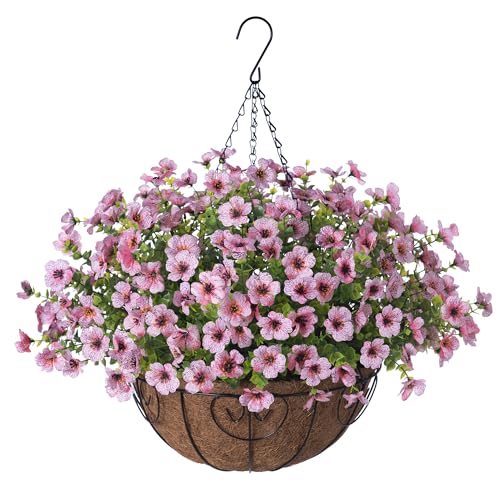 Ammyoo Artificial Faux Hanging Plants Flowers Basket for Spring Outdoor Decoration, Fake Silk Daisy UV Resistant Look Real with Eucalyptus Leaves Summer Outside Decor for Home Patio Garden - color: Pink
