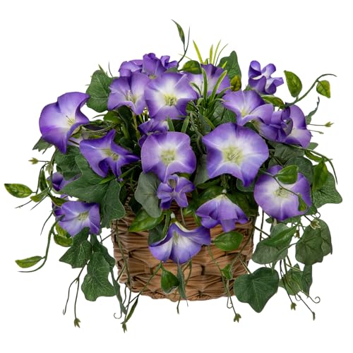 Briful Faux Floral Centerpieces with Rattan Basket Artificial Potted Morning Glory Silk Flowers Fake Flower Arrangement for Home Office Dining Room Table Wedding Party Decor(Purple) - color: Purple