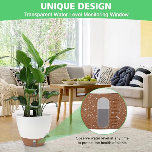 12" 10" 9" 8" Self Watering Pots with Water Level Indicator, Large Plastic Planters Set with Mesh Drainage Hole and Removable Saucer Reservoir, Big Flower Pot for Indoor Outdoor Plants - White - color: White