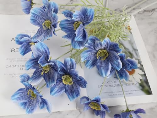 Blue Cosmos Artificial Flowers 5Pcs 22 in Silk Faux Daisies Wild Flowers with Long Stems for Vase Decor Wedding Party Aisle Home Bathroom Patio Table Centerpiece Arrangement(Blue) - color: Blue
