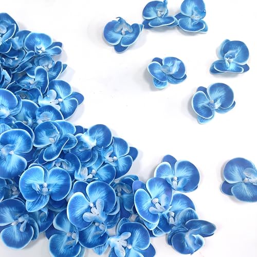 Fake Blue Orchids Artificial Flowers Heads, 3.5''Fake Orchid Heads for Wedding Floral Bouquet Decor DIY Craft Making Bridal Shower Photography Props (80, Blue) - color: Blue