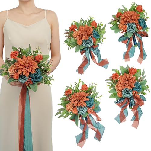TINGE TIME 7 Inch Wedding Bouquets for Bridesmaid, Set of 4, Artificial Flowers Cascading Bridal Bouquet for Fall Wedding Ceremony Bridal Shower Rustic Vintage Wedding (BurntOrange&DarkTeal) - color: Burnt Orange & Dark Teal