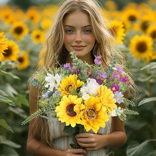 Sunflower Fake Flowers in Vase, Sunflowers Lavender Artificial Flowers with Vase for Table Centerpieces, Silk Flower Bouquet Faux Floral Arrangements Kitchen Farmhouse Cemetery Gravesites Decor - color: Yellow Purple