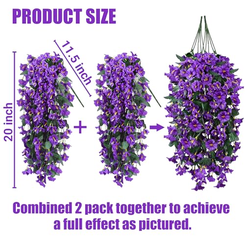 Sggvecsy Artificial Fake Hanging Flowers Plants for Outdoor Outside Spring Summer Decoration 2PCS Faux Silk UV Resistant Realistic Morning Glory Trailing Vines for Home Porch Patio Balcony(Purple) - color: Purple, size: 2Pcs