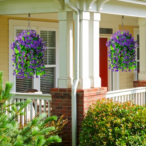 INQCMY Artificial Hanging Flowers in Basket for Spring Patio Garden Decoration, Faux Silk Violet in Planter UV Resistant Realistic for Outside Home Porch Balcony Yard Decor(Purple) - color: Purple