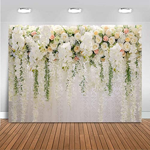 Mocsicka Wedding Flower Backdrop Wall Floral Bridal Shower Backdrops for Photoshoot Wedding Decoration for Reception White Rose Floral Photography Background Banner(10x7ft) - size: 10x7ft