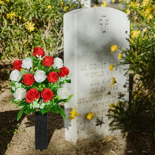 Artificial Cemetery Flowers, Set of 2 Grave Memorial Flowers with Vase, Artificial Rose Bouquet for Cemetery Headstones Gravesites Decoration (Red & White) - color: Red & White