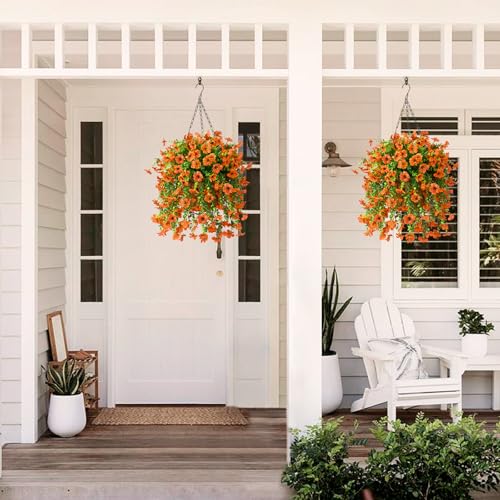 ZFProcess Artificial Hanging Flowers Plants for Outdoor Fall Decoration, 2PCS Faux Silk Daisy UV Resistant Look Real for Outside Home Indoor Planter Porch Window Yard Autumn Decor(Orange) - color: Orange