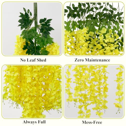 U'Artlines 24 Pack (Total 86.4 Feet) Artificial Fake Wisteria Vine Rattan Hanging Garland Silk Flowers String Home Party Wedding Decor (24,Yellow) - color: Yellow