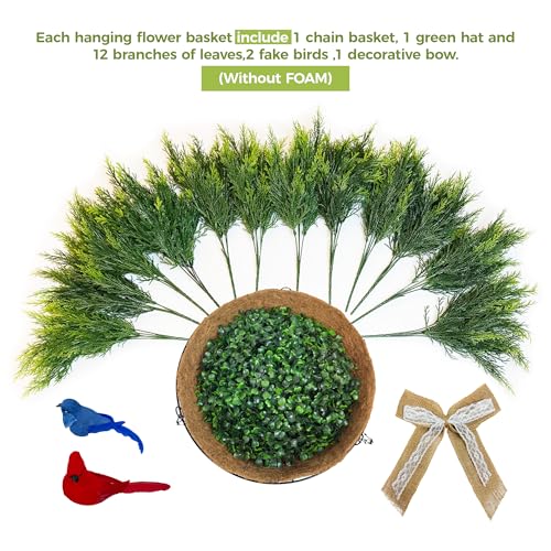 Artificial Hanging Plant Flower Baskets Set of 2, Faux Ferns with Birds and Linen Bows, Fake Planters Hanging with 24 Pcs Cypress Leaves, UV Resistant for Spring Summer Outdoor Porch Garden - color: Green