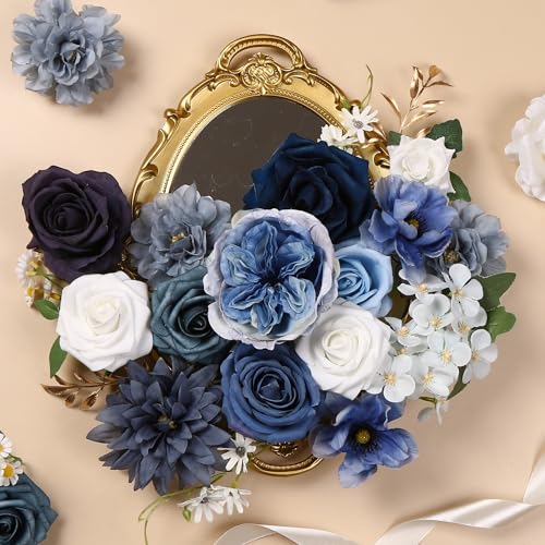 Dusty Blue Roses Silk Artificial Flowers Combo for DIY Bouquet Centerpieces Floral Arrangements, Navy Blue White Faux Flower with Stem Multi Use Wedding Party Home Decorations - color: Dusty Blue White
