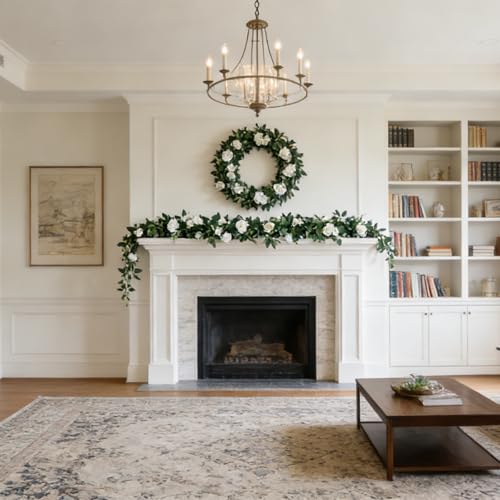 2 Pack 11.2 Ft Artificial Flower Garland with White Roses, Realistic Fake Greenery Vines with 17 Roses Flowers for Wedding Table Centerpieces Arch Party Ceremony Backdrop Decor(White) - color: White