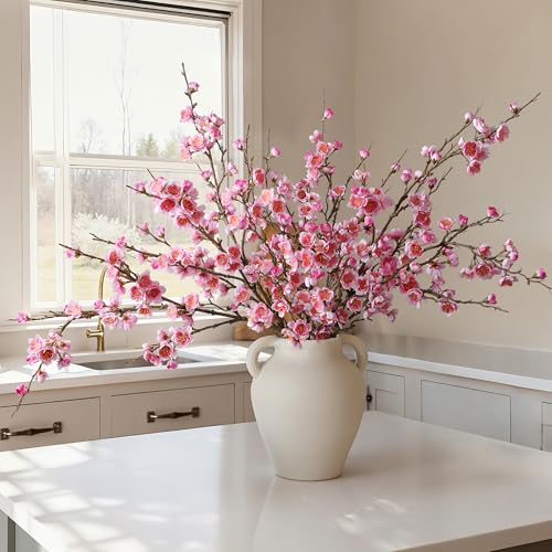 florisso 6 PCS Artificial Cherry Blossom Branches Spring Indoor Decoration, Faux Flowers 34.45" Long Stems Plum Fake Peach Plants Real Touch Silk for Wedding Home Bedroom Party Table Office, Pink - color: A-pink