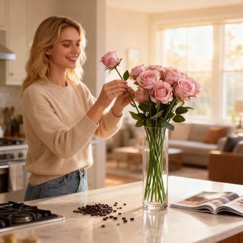 12 Pcs Light Pink Roses Artificial Flowers -20" Silk Roses Bouquet,Fake Roses Long Stem for Arrangement Wedding Centerpiece Mother's Day Home Office Party Decor - color: Light Pink
