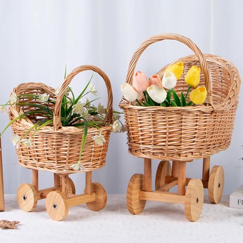 Woven Rattan Stroller Shaped Flower Basket, Vintage Wicker Baby Carriage Planter for Floral Arrangements, Baby Shower Wedding Party Decor Centerpieces for Tables, Floral Rustic Home Decor (Small) - color: Small