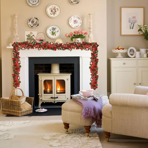 3PCS Artificial Flowers Spring Flower Garland Artificial Rose Vine Hanging Decoration for Wedding Wall Arch Party Backdrop(3, Red) - color: Red