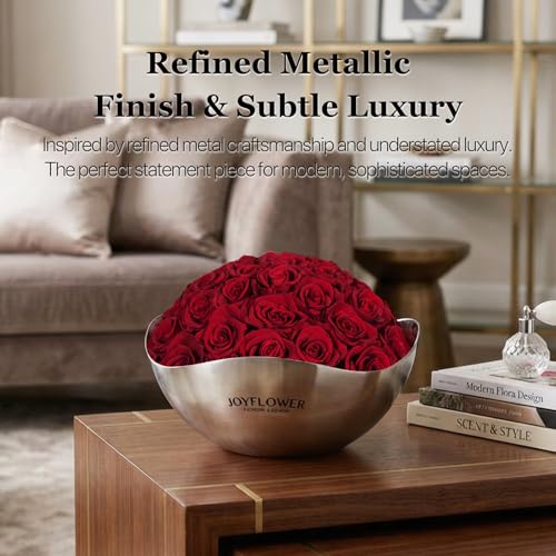 JoyFlower Preserved Flowers Decor, Eternal Roses in Stainless Steel Bowl Decors for Table Centerpiece, Forever Flowers Decorations for Home Living Room Bedroom Coffee Shop House Office(Small, Red) - color: Red, size: Small