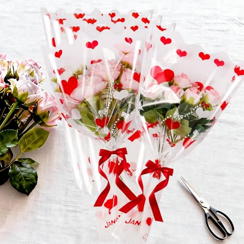 XABMU Red Heart Flower Bouquet Bags, 100 Pack Clear Floral Wrapping Sleeves, for Valentine's Day, Wedding, Mother’s Day Gifting & Florist Supplies - color: Clear-Red Heart, size: 1 count (Pack of 100)