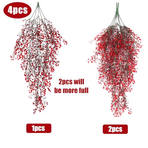RECUTMS Artificial Hanging Fern Lighted with 30 LED Fake Hanging Ivy Vines Plastic Faux Greenery Plants for Home Wall Bedroom Garden Wedding Outside Decor Pack of 4 (Red) - color: Red-light