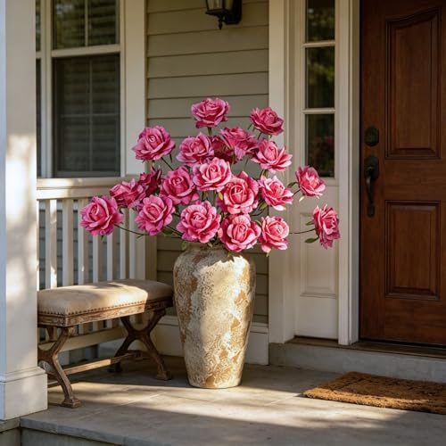 INXUGAO Artificial Flowers Fake Roses for Outdoor, 6Pcs 28" Long Stem Silk Roses for Wedding Indoor Outside Party Decor, Realistic Faux Bouquet for Tall Vase Planter (Fuchsia) - color: Rose-fuchsia 6 Pcs