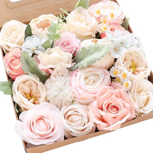 Floroom Blush Cream Artificial Flowers Fake Roses Peonies Dahlia and Greenery Combo Box Set for DIY Wedding Bouquets Bridal Shower Centerpieces Floral Arrangements Party Tables Home Decorations - color: Whisper Blush Cream