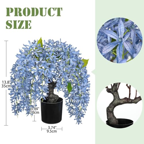 Artificial Flowers 13.8" Tall with Silk Wisteria Blue Flower Arrangement and Realistic Wood Fake Bonsai Tree Plants Faux Plants for Spring Home Bedroom Office Bathroom Coffee Table Centerpiece Decor - color: Blue-13.8