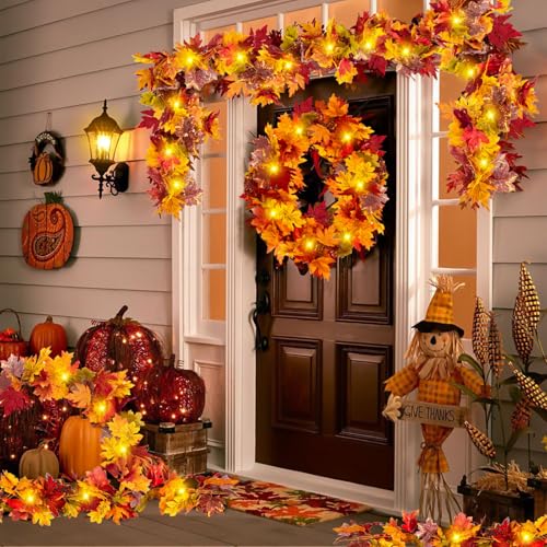 Fall Maple Leaf Garland with Yellow Lights, 2PCS Thanksgiving Artificial Hanging Fall Leave Vines with 20 LED, Yellow Floral Garlands Halloween Autumn Decor for Home Wedding Party (11.8FT) - color: 2 Yellow With 2 Yellow Lights