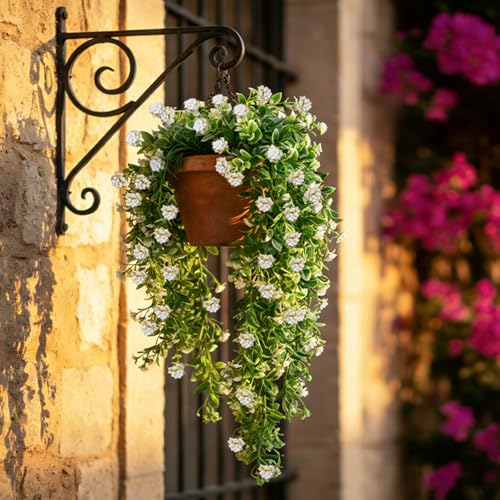 RECUTMS 2Pcs Artificial Hanging Flowers for Outdoors Decoration Fake Hanging Plants Faux White Flowers Artificial UV Resistant Plastic Greenery Vines Ivy for Outdoor Indoor Garden Party Decor（White） - color: White-rose