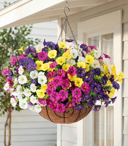 HyeFlora Artificial Hanging Flowers Faux Plants Basket for Outdoors Spring Decor, Fake Silk Morning Glory with Eucalyptus in Planter UV Resistant Outdoor Flowers for Outside Porch Patio Garden Home - color: B 4 Mixed