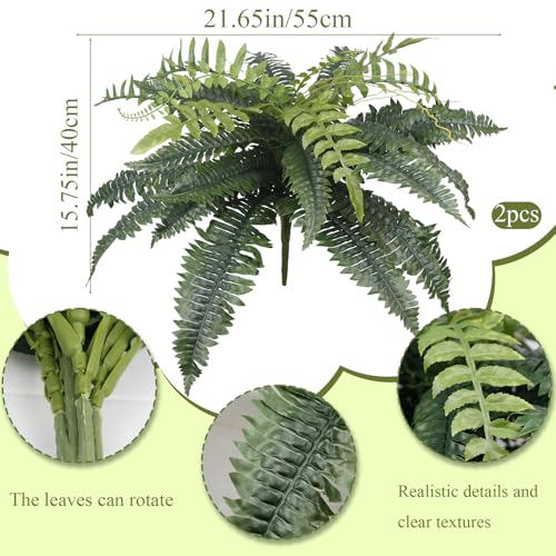2 Pcs Artificial Boston Ferns for Outdoors UV Resistant Faux Fake Ferns 21" Artificial Plants Indoor for Patio Garden Outdoors Planter Farmhouse Windowsill Office Living Room Home Decor