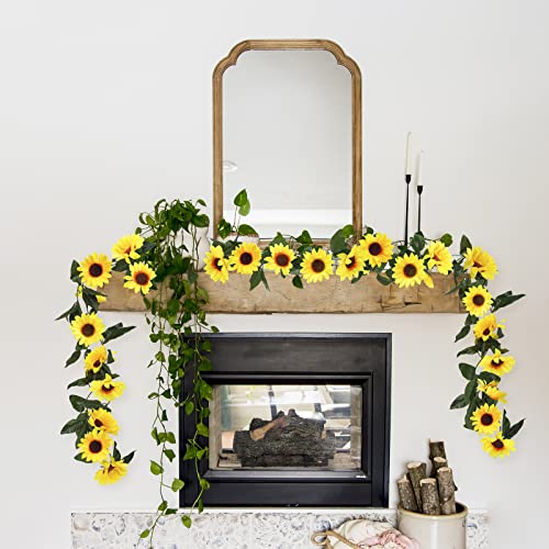 Uieke 3 Pack Artificial Sunflower Garland, 7.5ft/Strand Silk Sunflowers Hanging Vines Flowers with Green Leaves for Room Kitchen Garden Birthday Wedding Baby Shower Party Table Decor Large - size: Large