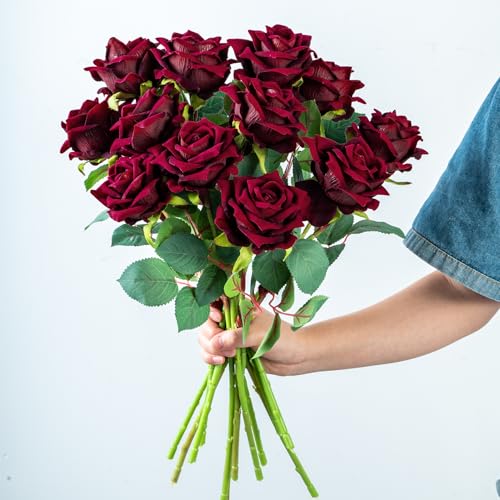 Ttranewsoo Fake Roses Faux Flowers Silk Roses Artificial Roses with Stems 16.5In Realistic Artificial Flowers Suitable for Indoor Home Decoration Diy Bouquet Wedding Decor Party Decor 12PCS(Black red) - color: Black Red 12pcs
