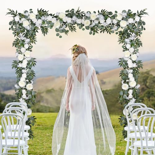 Lvydec 2 Pack Artificial Peony Flower Garland - 6ft Silk Peony Vine Willow Leaves and Eucalyptus Garland White Arch Flower Vine for Wedding Party Table Decoration (White) - color: White
