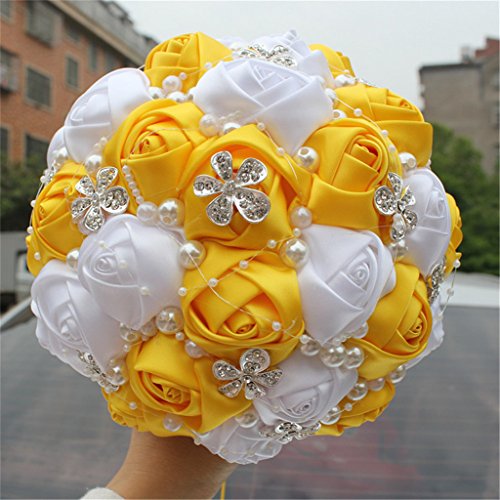 S-ssoy Wedding Bouquet - Bride Bridal Brooch Bouquets Bridesmaid with Free Corsage Flower, Yellow+White - color: Yellow+white