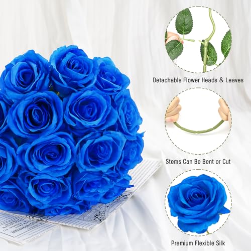 Waipfaru 16 Pcs Blue Roses Artificial Flowers, Fake Silk Roses with Long Stems, Faux Flowers for Independence Day Wedding Bouquet Centerpiece 4th of July Patriotic Decor (Royal Blue) - color: Royal Blue, size: 16 Pcs