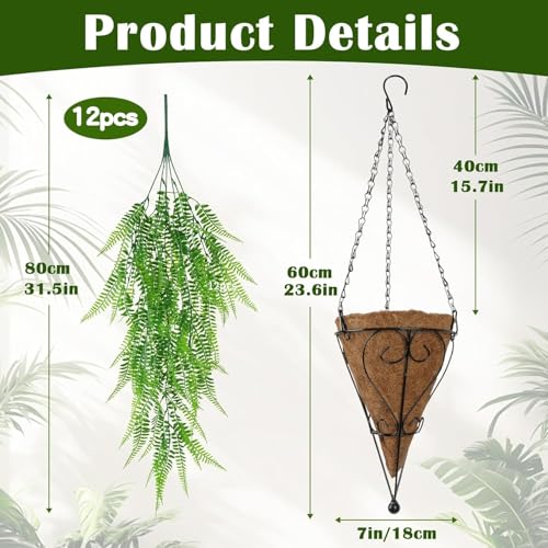 Artificial Hanging Ferns for Outdoors UV Resistant Fake Hanging Ferns with Hanging Baskets 2 Set Boston Ferns Artificial Plants 23.6" Faux Ferns Outdoor Hanging Basket Front Porch Patio Garden Home